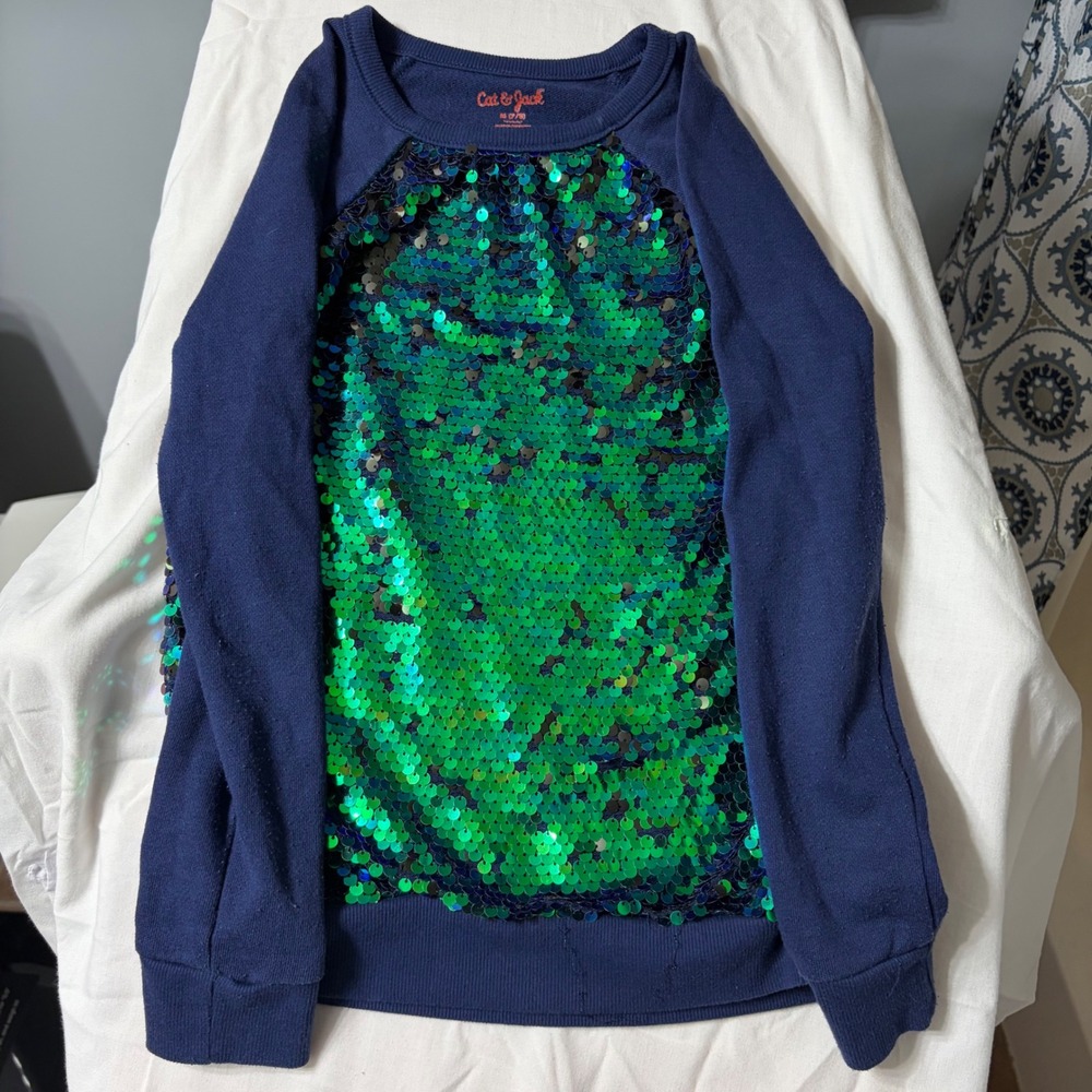 Cat & Jack Girls Navy Blue Flip Sequin Sweatshirt Green Black Size M 7/8
